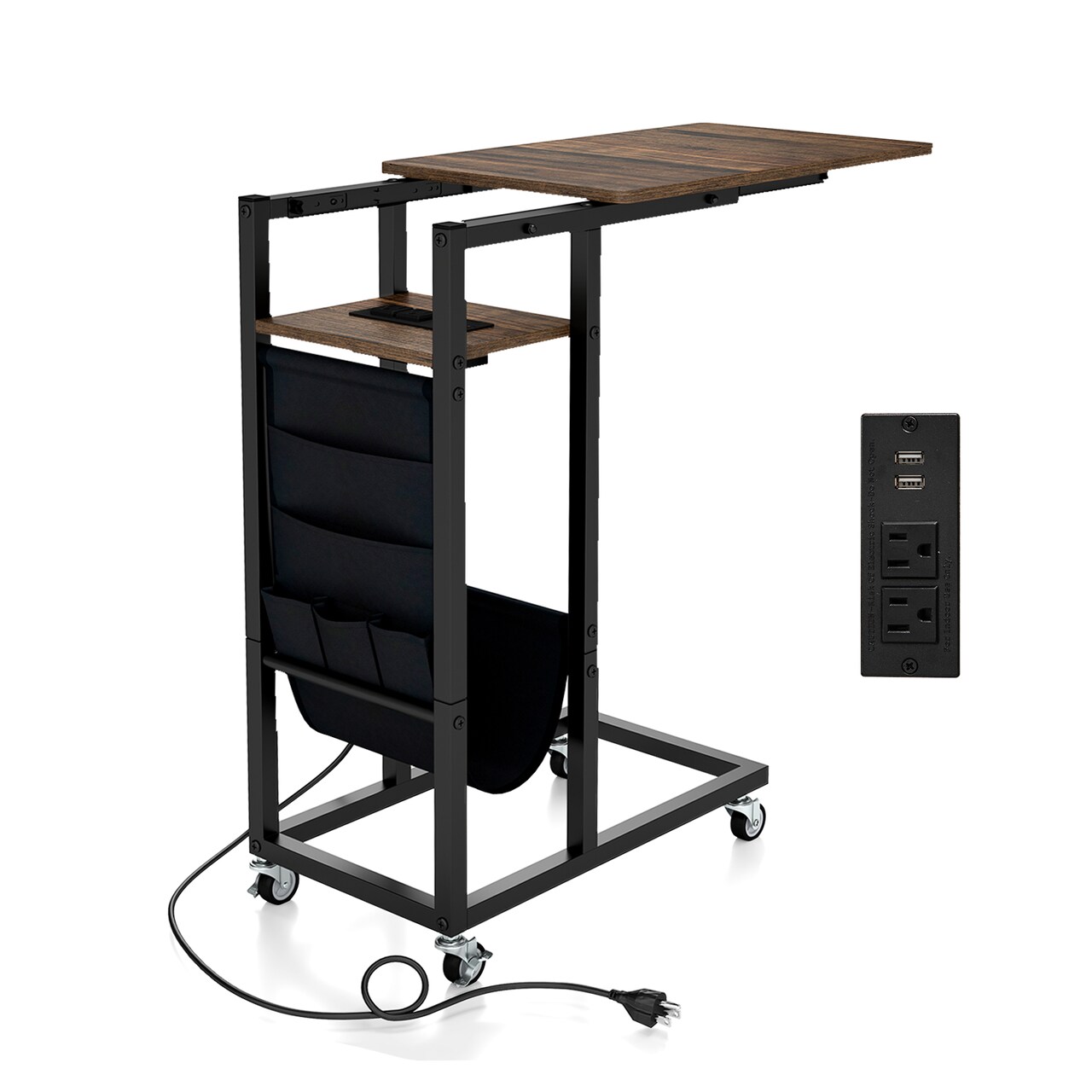 C-shaped End Table with Charging Station and Retractable Tabletop-Rustic Brown